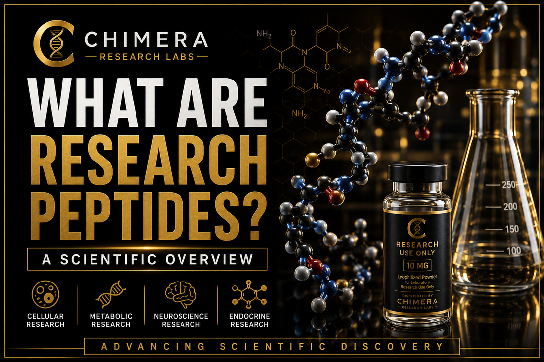 What Are Research Peptides scientific overview from Chimera Research Labs featuring peptide molecular structures and laboratory research imagery