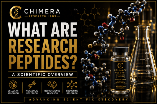What Are Research Peptides scientific overview from Chimera Research Labs featuring peptide molecular structures and laboratory research imagery