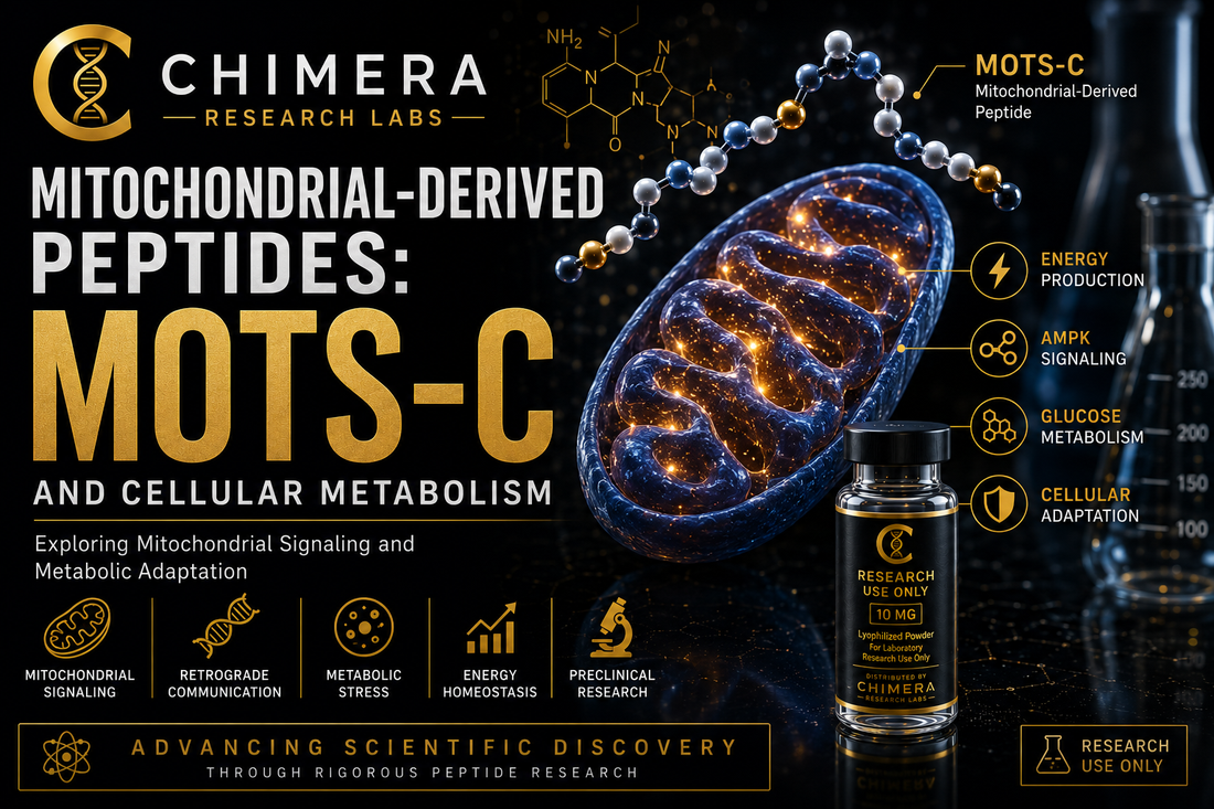 MOTS-C mitochondrial-derived peptide research illustrating mitochondrial signaling, AMPK, glucose metabolism, and cellular adaptation