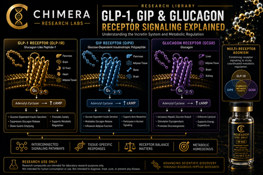 GLP-1, GIP, and glucagon receptor signaling infographic illustrating cAMP pathways, metabolic signaling, and multi-receptor agonism