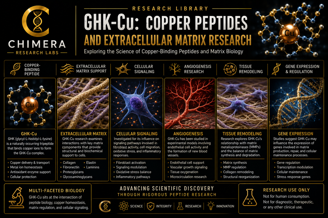 GHK-Cu copper peptide research illustrating extracellular matrix biology, cellular signaling, angiogenesis, tissue remodeling, and gene expression