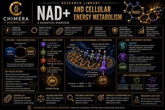 NAD+ and cellular energy metabolism infographic illustrating NAD+/NADH redox cycling, mitochondrial ATP production, sirtuins, PARPs, and NAD+ biosynthesis