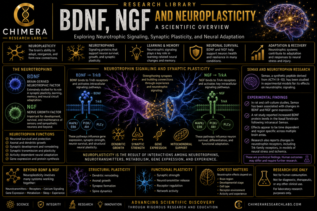 BDNF, NGF and neuroplasticity infographic illustrating TrkB and TrkA receptor signaling, synaptic plasticity, neural adaptation, and Semax research