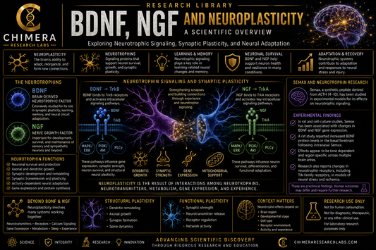 BDNF, NGF and neuroplasticity infographic illustrating TrkB and TrkA receptor signaling, synaptic plasticity, neural adaptation, and Semax research