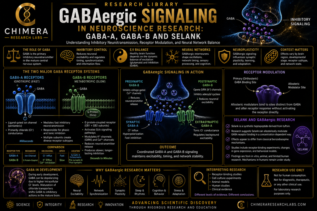 GABAergic signaling infographic illustrating GABA-A and GABA-B receptors, inhibitory neurotransmission, receptor modulation, neural network balance, and Selank research