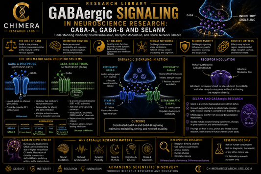 GABAergic signaling infographic illustrating GABA-A and GABA-B receptors, inhibitory neurotransmission, receptor modulation, neural network balance, and Selank research
