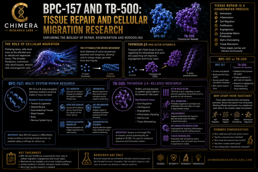 BPC-157 and TB-500 research infographic illustrating tissue repair, cellular migration, actin dynamics, angiogenesis, extracellular matrix remodeling, and thymosin beta-4-related research