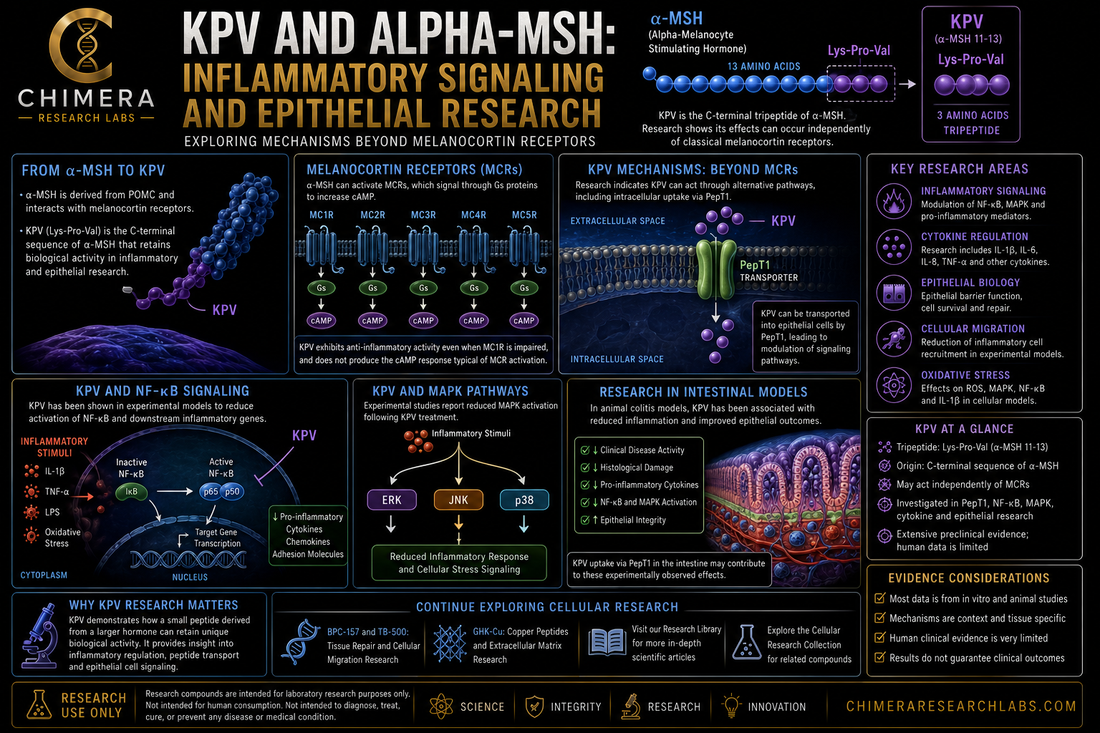 KPV and alpha-MSH research infographic illustrating inflammatory signaling, PepT1 peptide transport, NF-kB and MAPK pathways, epithelial biology, and intestinal research