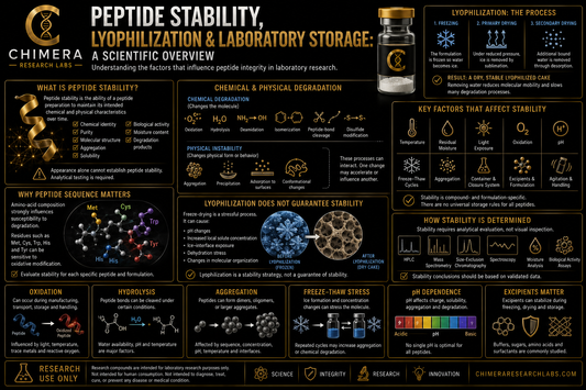 Peptide stability and lyophilization infographic illustrating freeze-drying, degradation pathways, oxidation, hydrolysis, aggregation, storage factors, and laboratory stability testing