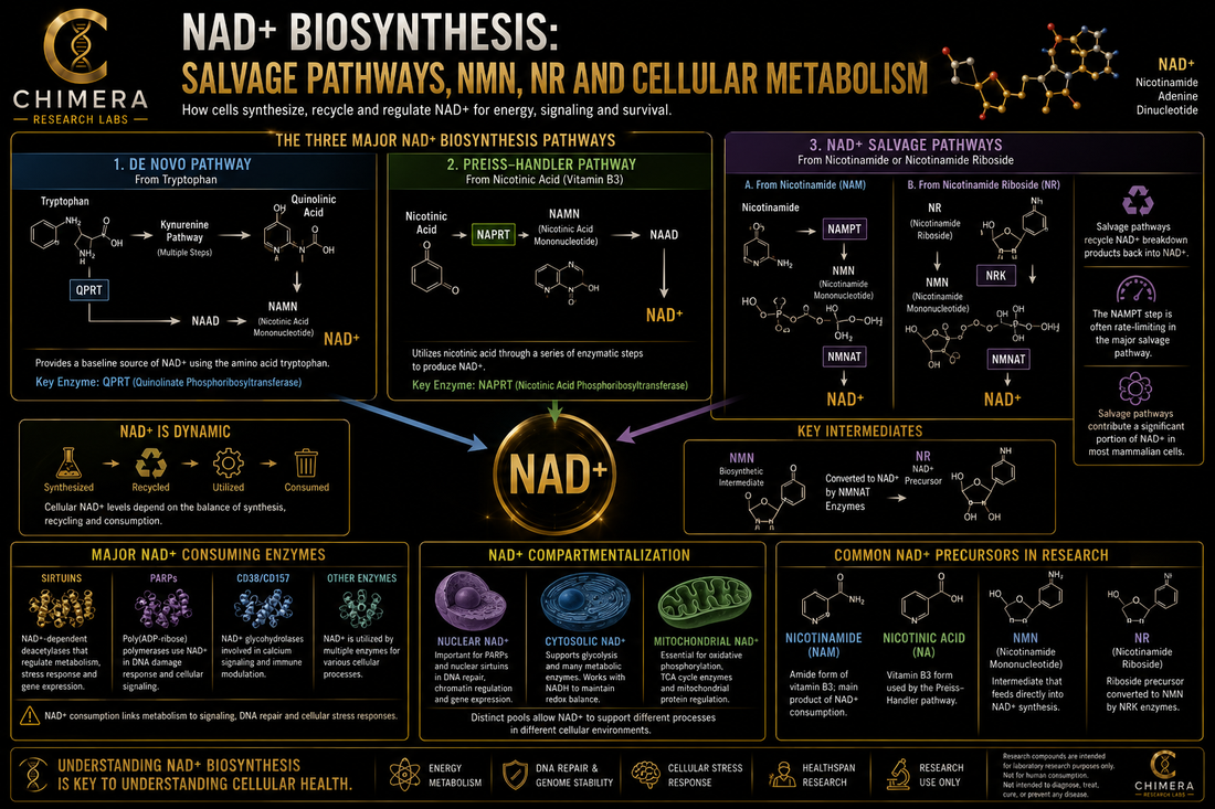 NAD+ biosynthesis infographic illustrating salvage pathways, NMN, NR, NAMPT, the Preiss-Handler pathway, de novo synthesis, NAD+ recycling, and cellular metabolism