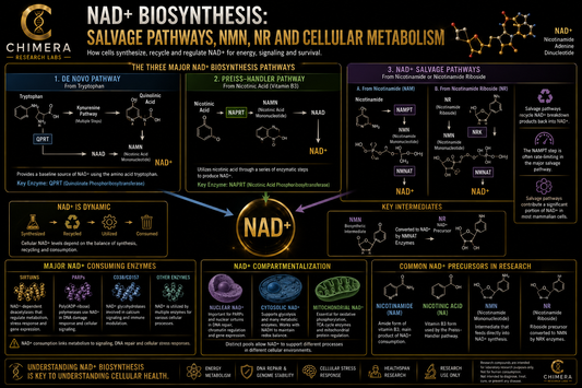 NAD+ biosynthesis infographic illustrating salvage pathways, NMN, NR, NAMPT, the Preiss-Handler pathway, de novo synthesis, NAD+ recycling, and cellular metabolism