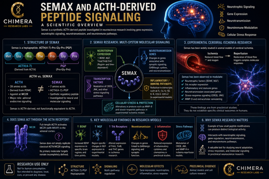 Semax and ACTH-derived peptide signaling infographic illustrating neurotrophic signaling, BDNF and NGF expression, neurotransmission, neuroimmune pathways, and cellular stress responses