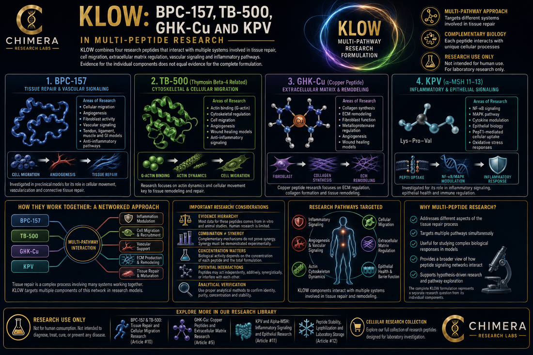 KLOW multi-peptide research infographic illustrating BPC-157, TB-500, GHK-Cu and KPV research involving cellular migration, tissue repair, extracellular matrix remodeling, vascular signaling, and inflammatory pathways