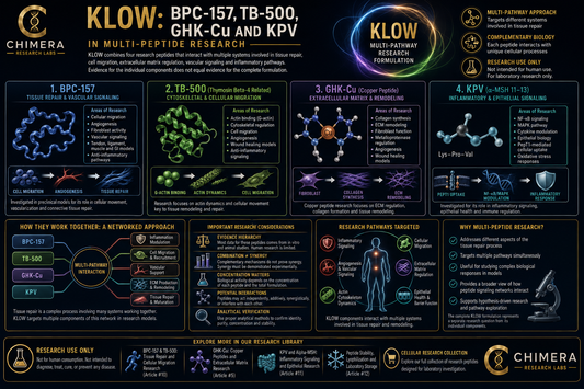 KLOW multi-peptide research infographic illustrating BPC-157, TB-500, GHK-Cu and KPV research involving cellular migration, tissue repair, extracellular matrix remodeling, vascular signaling, and inflammatory pathways
