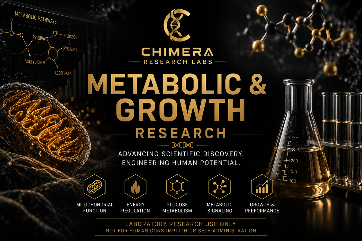 Metabolic & Growth Research collection from Chimera Research Labs featuring mitochondrial function, energy regulation, glucose metabolism, and metabolic signaling research